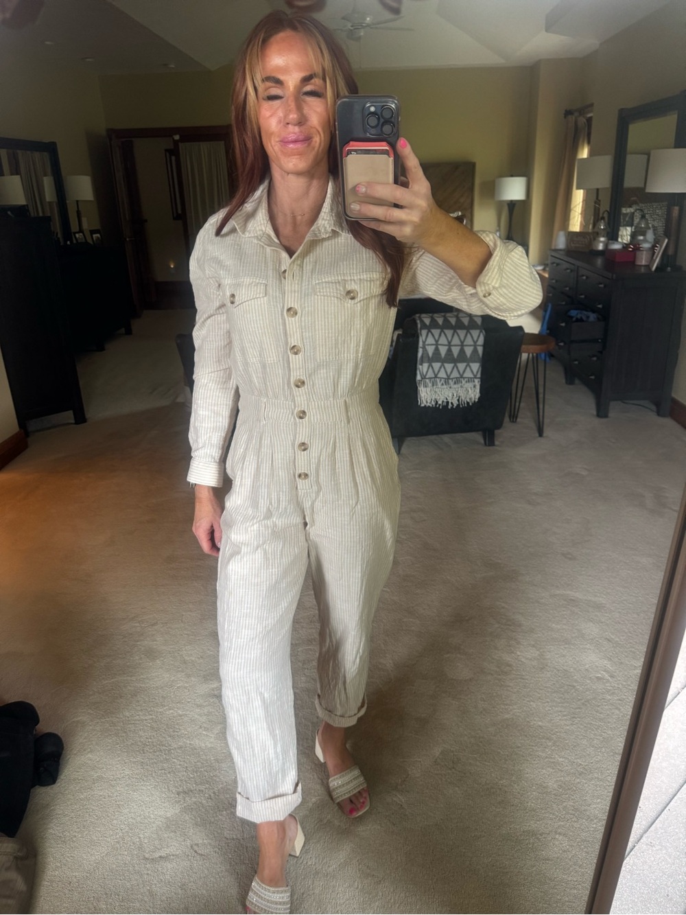 Billabong Cream Button-Front Long-Sleeve Jumpsuit